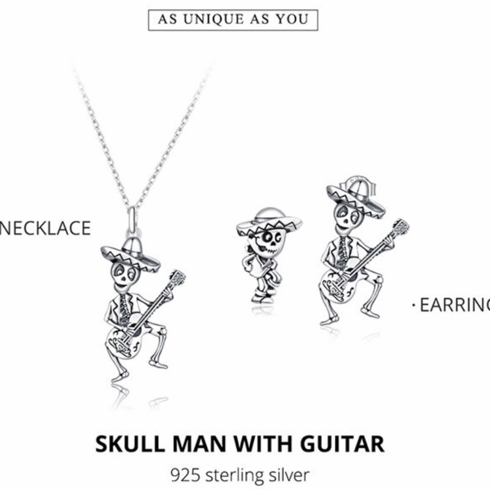 Genuine 925 Sterling Silver Skull Man with Guitar Long Chain Clip Earrings